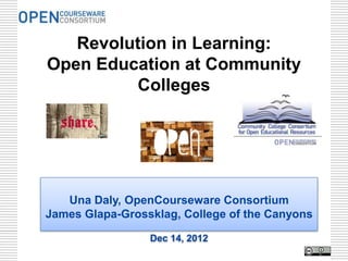 Revolution in Learning:
Open Education at Community
         Colleges




   Una Daly, OpenCourseware Consortium
James Glapa-Grossklag, College of the Canyons

                 Dec 14, 2012
 