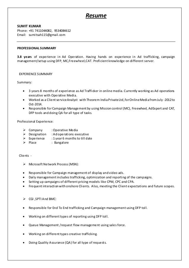 resume sumitk ad operations resume