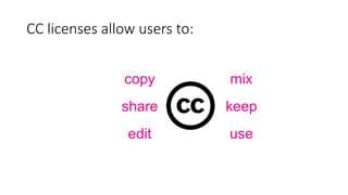 copy mix
share keep
edit use
CC licenses allow users to:
 