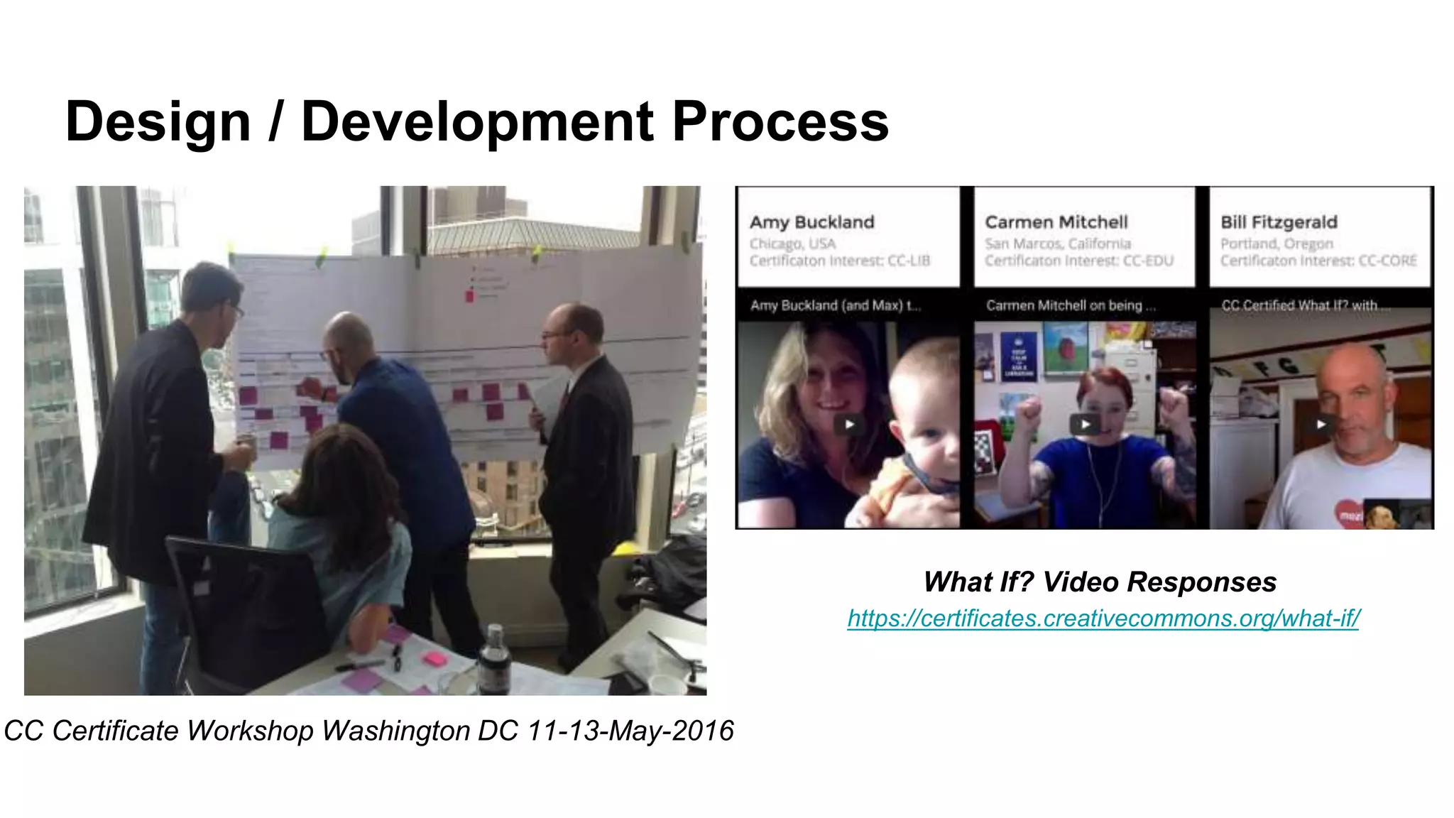 Design / Development Process
What If? Video Responses
https://certificates.creativecommons.org/what-if/
CC Certificate Workshop Washington DC 11-13-May-2016
 