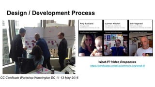 Design / Development Process
What If? Video Responses
https://certificates.creativecommons.org/what-if/
CC Certificate Workshop Washington DC 11-13-May-2016
 