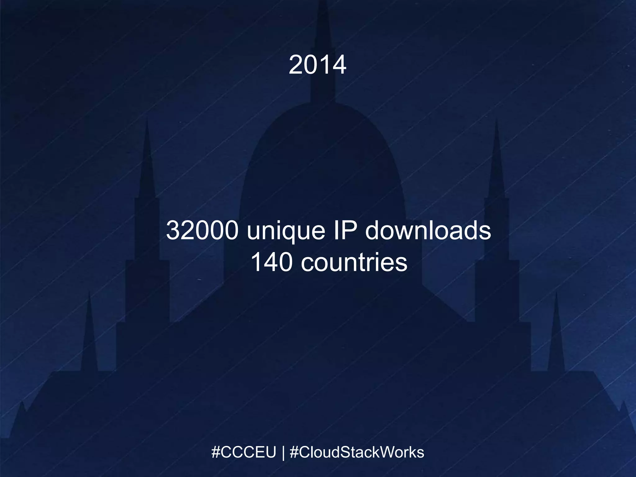 2014 
32000 unique IP downloads 
140 countries 
#CCCEU | #CloudStackWorks 
#CCCEU | #CloudStackWorks 
 