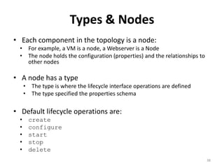 Types & Nodes 
• Each component in the topology is a node: 
• For example, a VM is a node, a Webserver is a Node 
• The node holds the configuration (properties) and the relationships to 
other nodes 
• A node has a type 
• The type is where the lifecycle interface operations are defined 
• The type specified the properties schema 
• Default lifecycle operations are: 
• create 
• configure 
• start 
• stop 
• delete 
38 
 