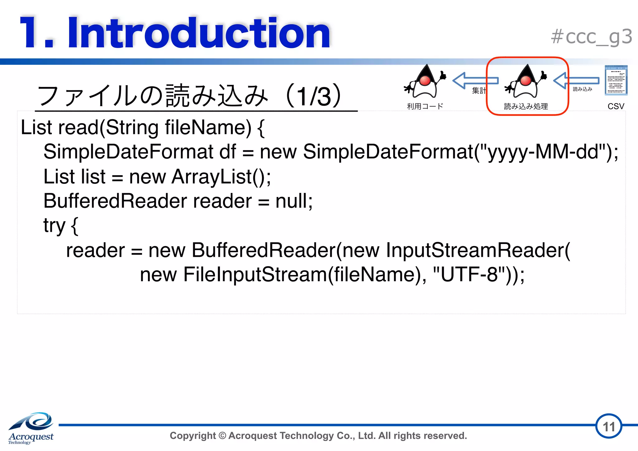 Copyright © Acroquest Technology Co., Ltd. All rights reserved. #ccc_g3 1/3 11 List read(String fileName) { SimpleDateFormat df = new SimpleDateFormat("yyyy-MM-dd"); List list = new ArrayList(); BufferedReader reader = null; try { reader = new BufferedReader(new InputStreamReader(  new FileInputStream(fileName), "UTF-8")); CSV 