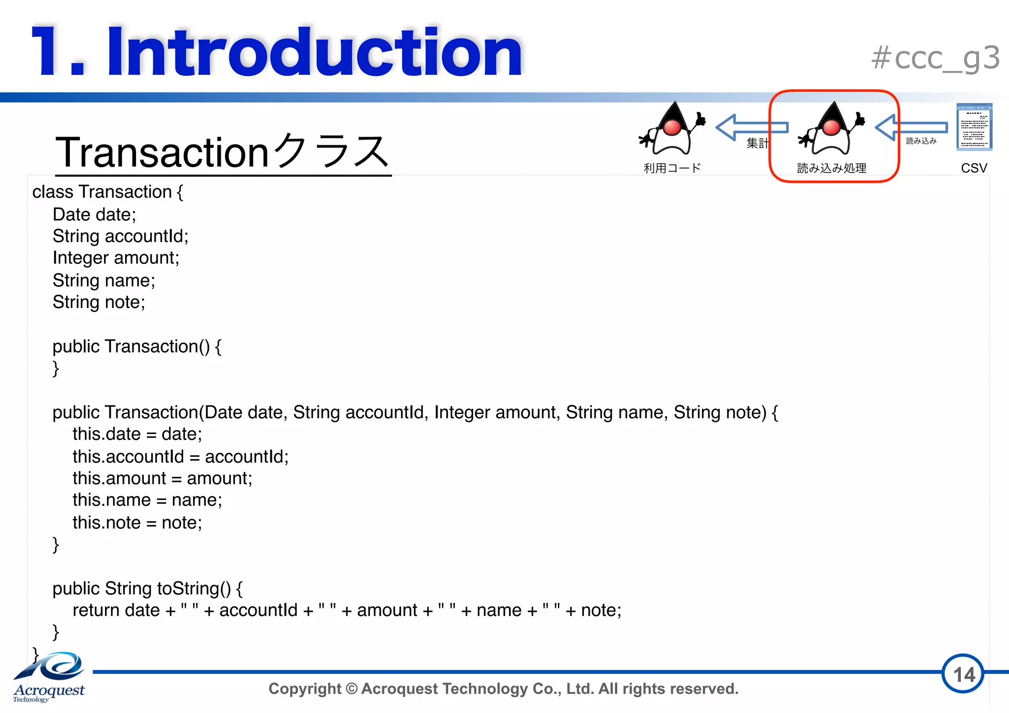 Copyright © Acroquest Technology Co., Ltd. All rights reserved. #ccc_g3 Transaction 14 class Transaction { Date date; String accountId; Integer amount; String name; String note; public Transaction() { } public Transaction(Date date, String accountId, Integer amount, String name, String note) { this.date = date; this.accountId = accountId; this.amount = amount; this.name = name; this.note = note; } public String toString() { return date + " " + accountId + " " + amount + " " + name + " " + note; } } CSV 