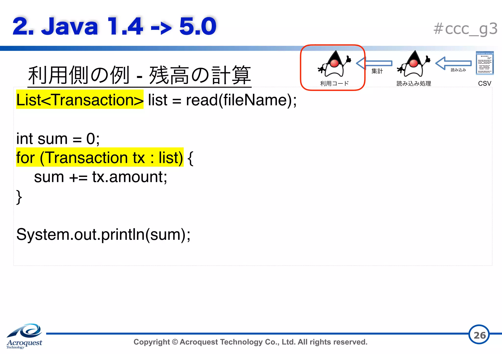 Copyright © Acroquest Technology Co., Ltd. All rights reserved. #ccc_g3 - 26 List<Transaction> list = read(fileName); int sum = 0; for (Transaction tx : list) { sum += tx.amount; } System.out.println(sum); CSV 