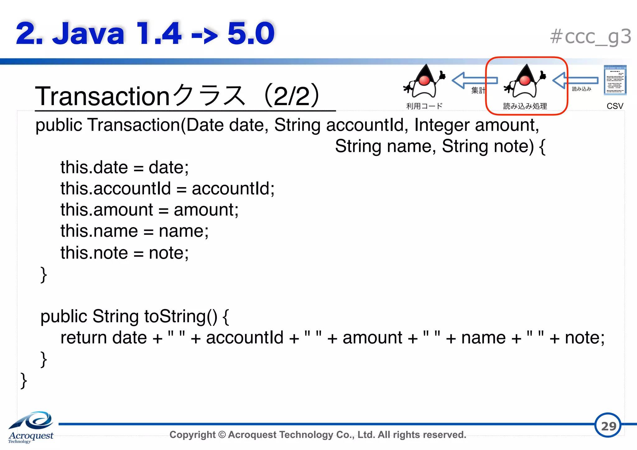 Copyright © Acroquest Technology Co., Ltd. All rights reserved. #ccc_g3 Transaction 2/2 29 public Transaction(Date date, String accountId, Integer amount,   String name, String note) { this.date = date; this.accountId = accountId; this.amount = amount; this.name = name; this.note = note; } public String toString() { return date + " " + accountId + " " + amount + " " + name + " " + note; } } CSV 