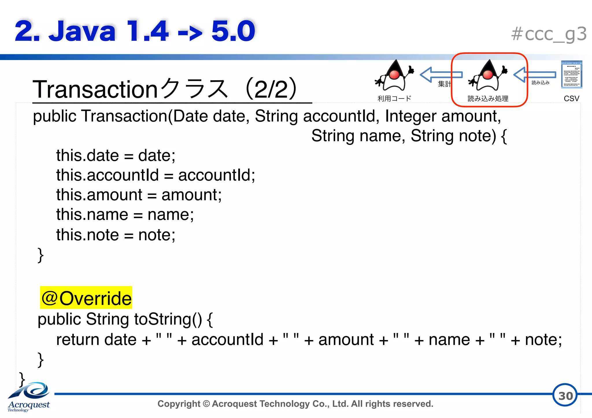 Copyright © Acroquest Technology Co., Ltd. All rights reserved. #ccc_g3 Transaction 2/2 30 public Transaction(Date date, String accountId, Integer amount,   String name, String note) { this.date = date; this.accountId = accountId; this.amount = amount; this.name = name; this.note = note; } @Override public String toString() { return date + " " + accountId + " " + amount + " " + name + " " + note; } } CSV 