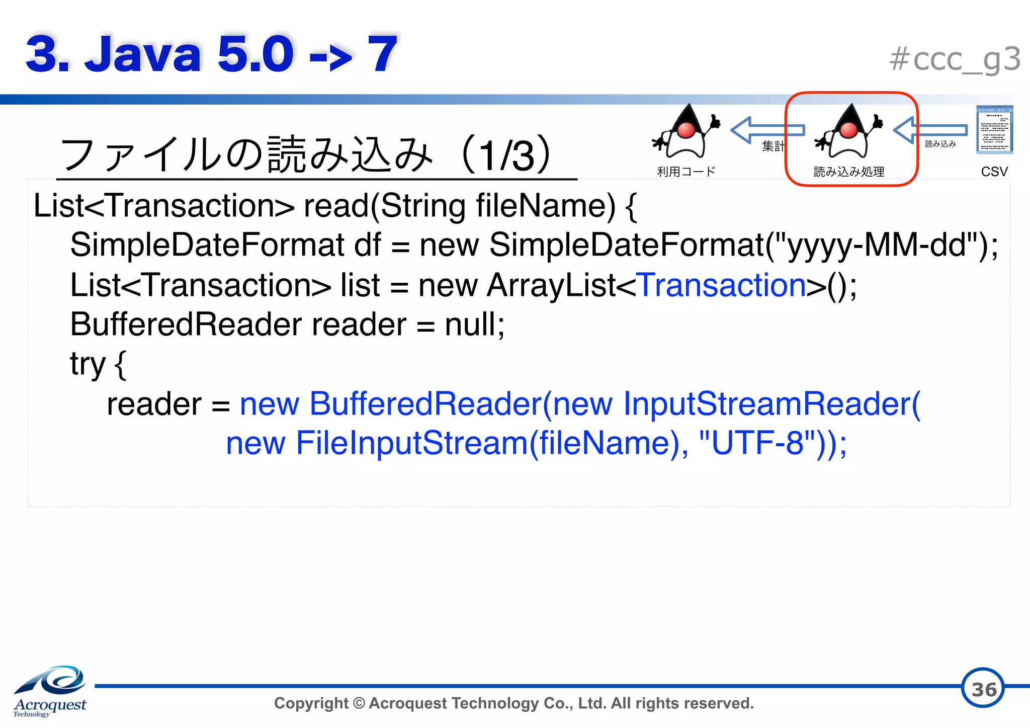 Copyright © Acroquest Technology Co., Ltd. All rights reserved. #ccc_g3 1/3 36 List<Transaction> read(String fileName) { SimpleDateFormat df = new SimpleDateFormat("yyyy-MM-dd"); List<Transaction> list = new ArrayList<Transaction>(); BufferedReader reader = null; try { reader = new BufferedReader(new InputStreamReader(  new FileInputStream(fileName), "UTF-8")); CSV 