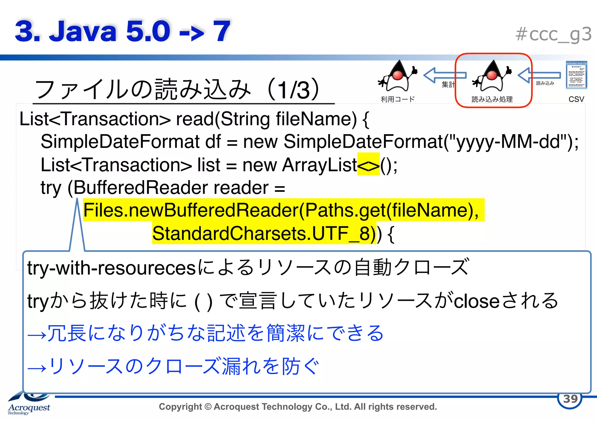 Copyright © Acroquest Technology Co., Ltd. All rights reserved. #ccc_g3 1/3 39 List<Transaction> read(String fileName) { SimpleDateFormat df = new SimpleDateFormat("yyyy-MM-dd"); List<Transaction> list = new ArrayList<>(); try (BufferedReader reader = Files.newBufferedReader(Paths.get(fileName), StandardCharsets.UTF_8)) { try-with-resoureces   try ( ) close   →   →   CSV 