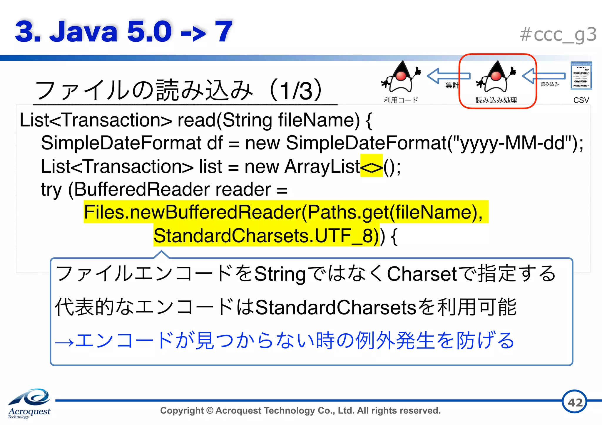 Copyright © Acroquest Technology Co., Ltd. All rights reserved. #ccc_g3 1/3 42 List<Transaction> read(String fileName) { SimpleDateFormat df = new SimpleDateFormat("yyyy-MM-dd"); List<Transaction> list = new ArrayList<>(); try (BufferedReader reader = Files.newBufferedReader(Paths.get(fileName), StandardCharsets.UTF_8)) { String Charset   StandardCharsets   → CSV 
