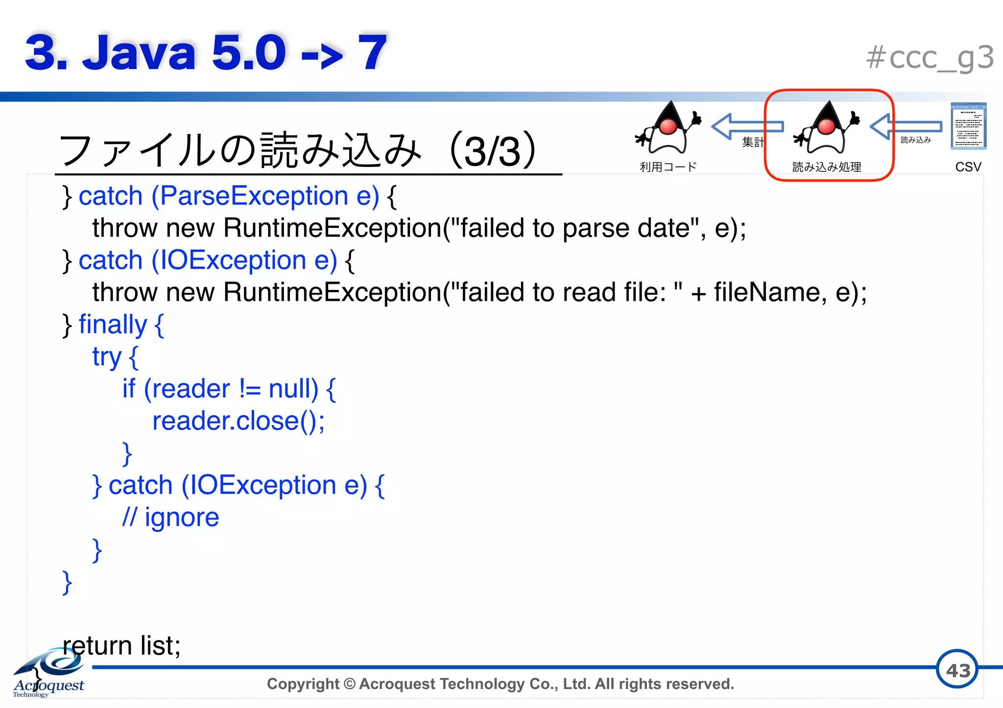 Copyright © Acroquest Technology Co., Ltd. All rights reserved. #ccc_g3 3/3 43 } catch (ParseException e) { throw new RuntimeException("failed to parse date", e); } catch (IOException e) { throw new RuntimeException("failed to read file: " + fileName, e); } finally { try { if (reader != null) { reader.close(); } } catch (IOException e) { // ignore } } return list; } CSV 