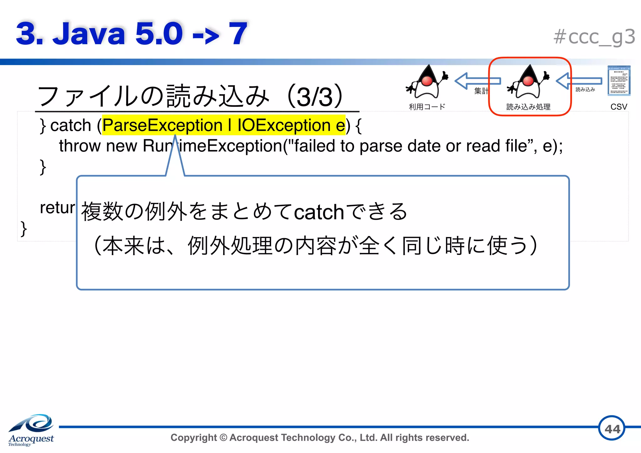 Copyright © Acroquest Technology Co., Ltd. All rights reserved. #ccc_g3 3/3 44 } catch (ParseException | IOException e) { throw new RuntimeException("failed to parse date or read file”, e); } return list; } catch   CSV 