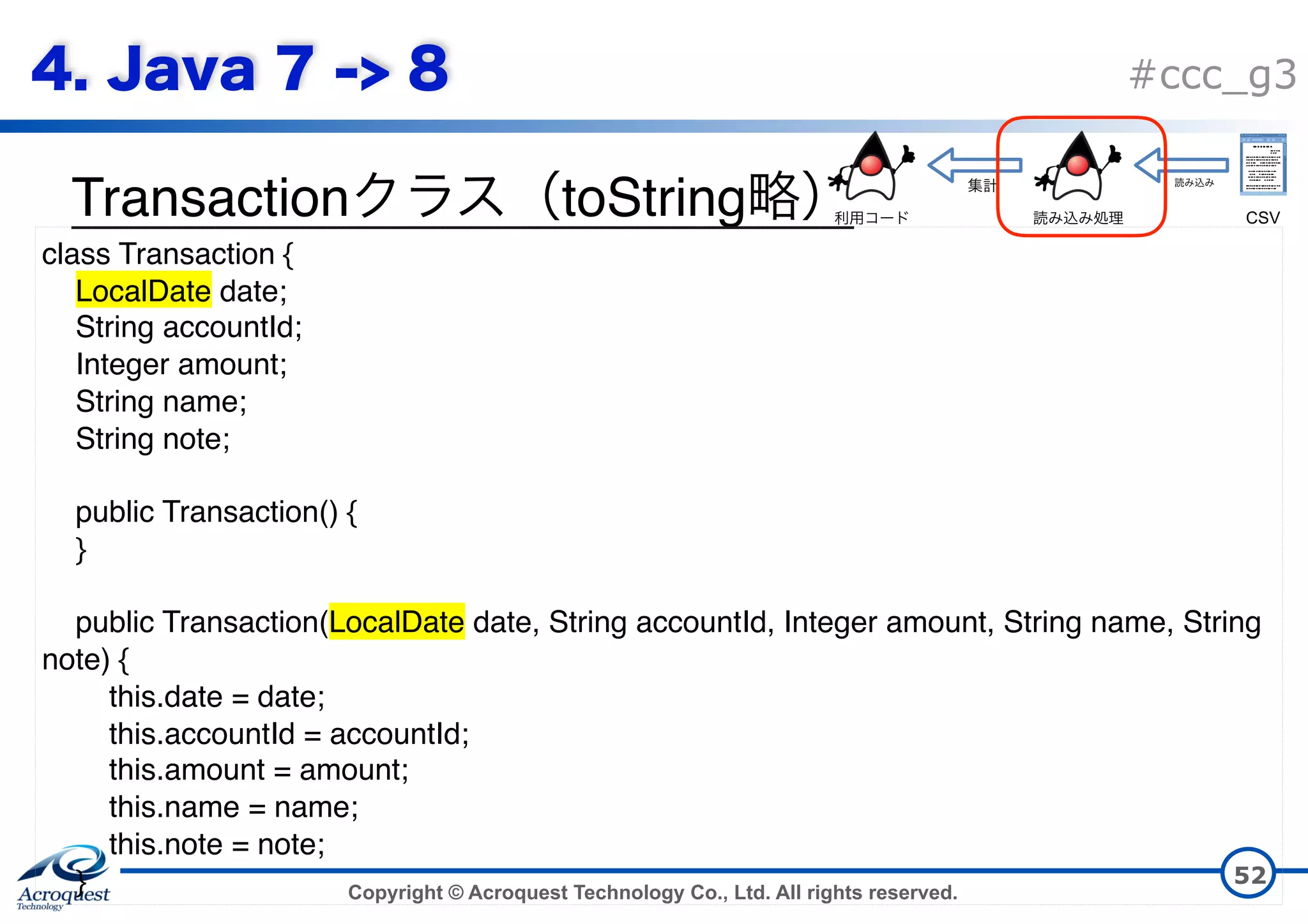 Copyright © Acroquest Technology Co., Ltd. All rights reserved. #ccc_g3 Transaction toString 52 class Transaction { LocalDate date; String accountId; Integer amount; String name; String note; public Transaction() { } public Transaction(LocalDate date, String accountId, Integer amount, String name, String note) { this.date = date; this.accountId = accountId; this.amount = amount; this.name = name; this.note = note; } CSV 