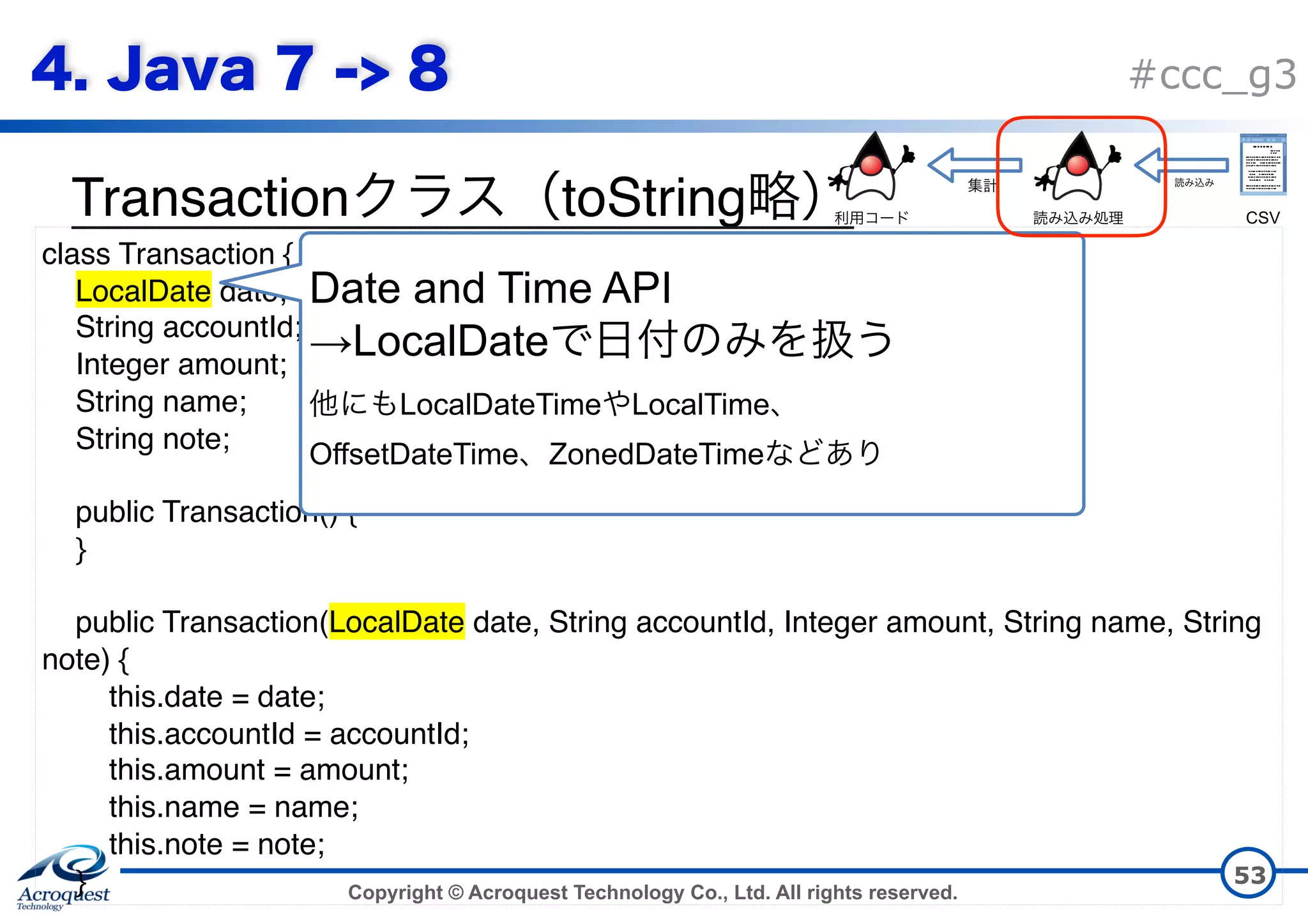 Copyright © Acroquest Technology Co., Ltd. All rights reserved. #ccc_g3 Transaction toString 53 class Transaction { LocalDate date; String accountId; Integer amount; String name; String note; public Transaction() { } public Transaction(LocalDate date, String accountId, Integer amount, String name, String note) { this.date = date; this.accountId = accountId; this.amount = amount; this.name = name; this.note = note; } Date and Time API  →LocalDate   LocalDateTime LocalTime   OffsetDateTime ZonedDateTime   CSV 