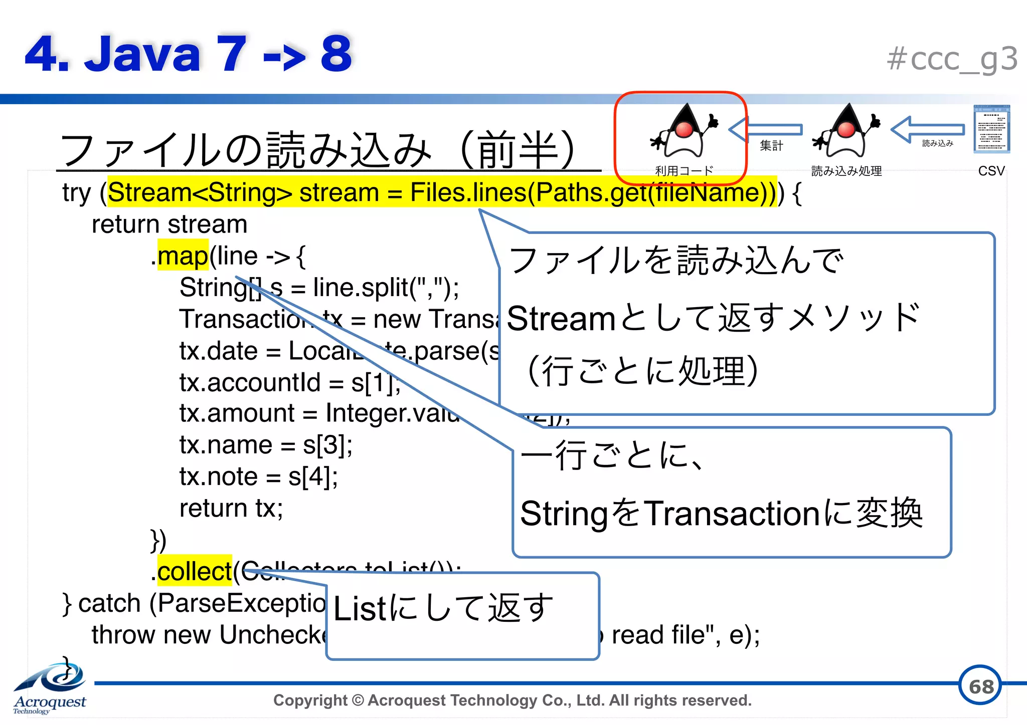 Copyright © Acroquest Technology Co., Ltd. All rights reserved. #ccc_g3 68 try (Stream<String> stream = Files.lines(Paths.get(fileName))) { return stream .map(line -> { String[] s = line.split(","); Transaction tx = new Transaction(); tx.date = LocalDate.parse(s[0]); tx.accountId = s[1]; tx.amount = Integer.valueOf(s[2]); tx.name = s[3]; tx.note = s[4]; return tx; }) .collect(Collectors.toList()); } catch (ParseException | IOException e) { throw new UncheckedIOException("failed to read file", e); }   Stream   List CSV   String Transaction 