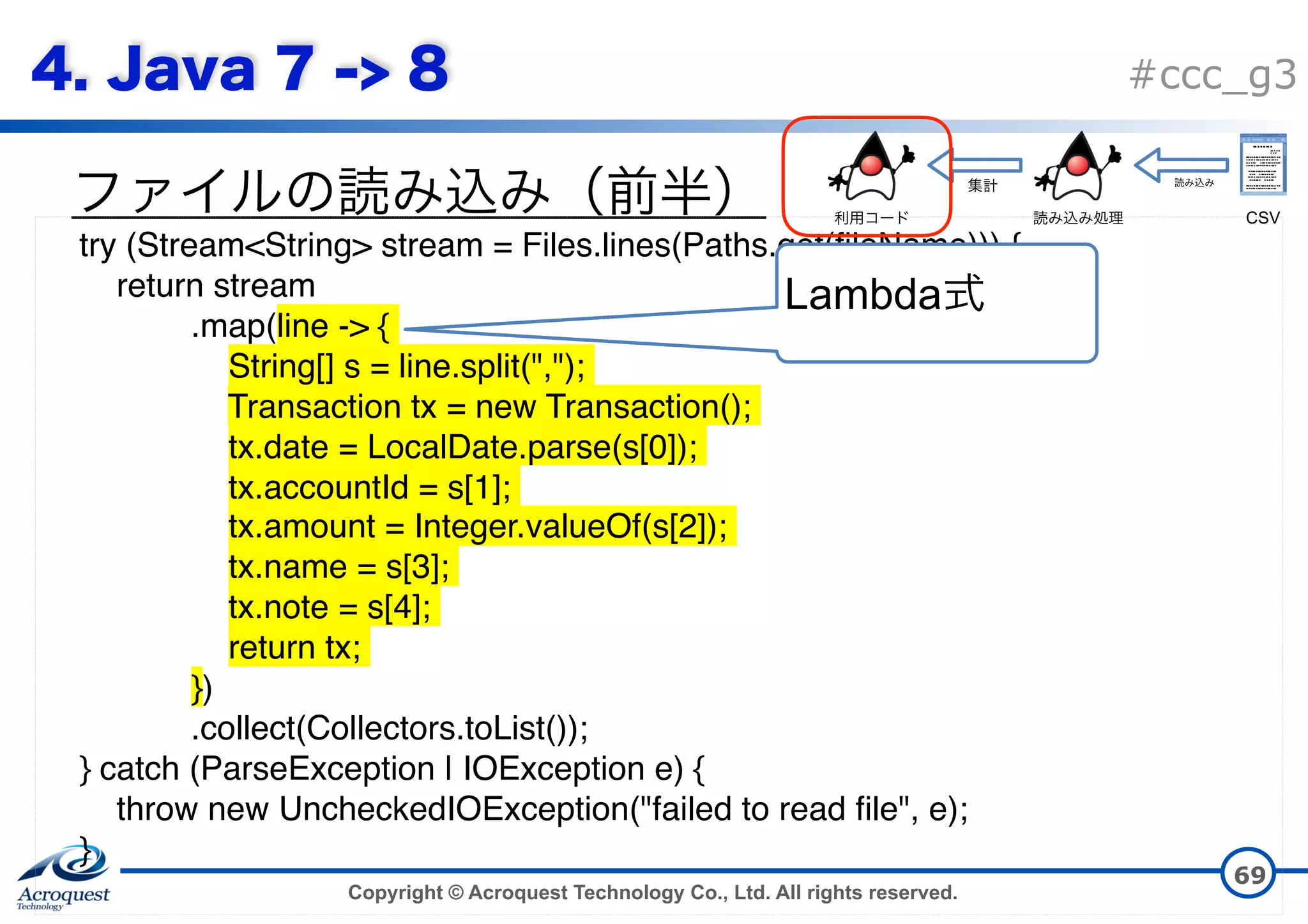 Copyright © Acroquest Technology Co., Ltd. All rights reserved. #ccc_g3 69 try (Stream<String> stream = Files.lines(Paths.get(fileName))) { return stream .map(line -> { String[] s = line.split(","); Transaction tx = new Transaction(); tx.date = LocalDate.parse(s[0]); tx.accountId = s[1]; tx.amount = Integer.valueOf(s[2]); tx.name = s[3]; tx.note = s[4]; return tx; }) .collect(Collectors.toList()); } catch (ParseException | IOException e) { throw new UncheckedIOException("failed to read file", e); } Lambda CSV 