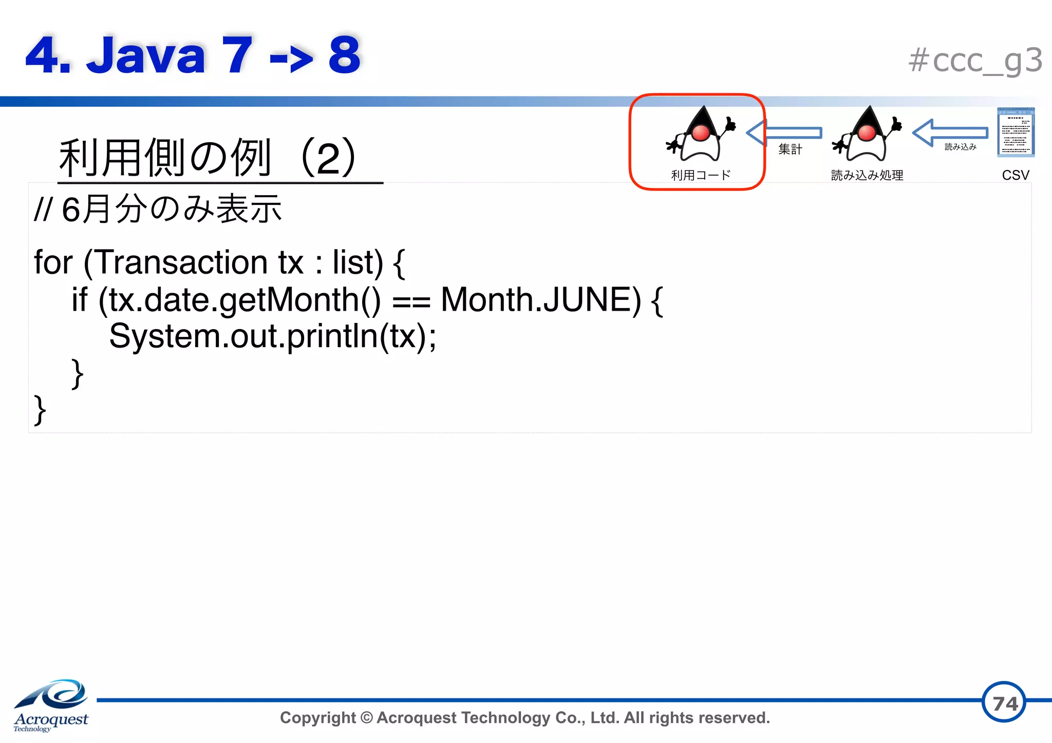 Copyright © Acroquest Technology Co., Ltd. All rights reserved. #ccc_g3 2 74 // 6   for (Transaction tx : list) { if (tx.date.getMonth() == Month.JUNE) { System.out.println(tx); } } CSV 