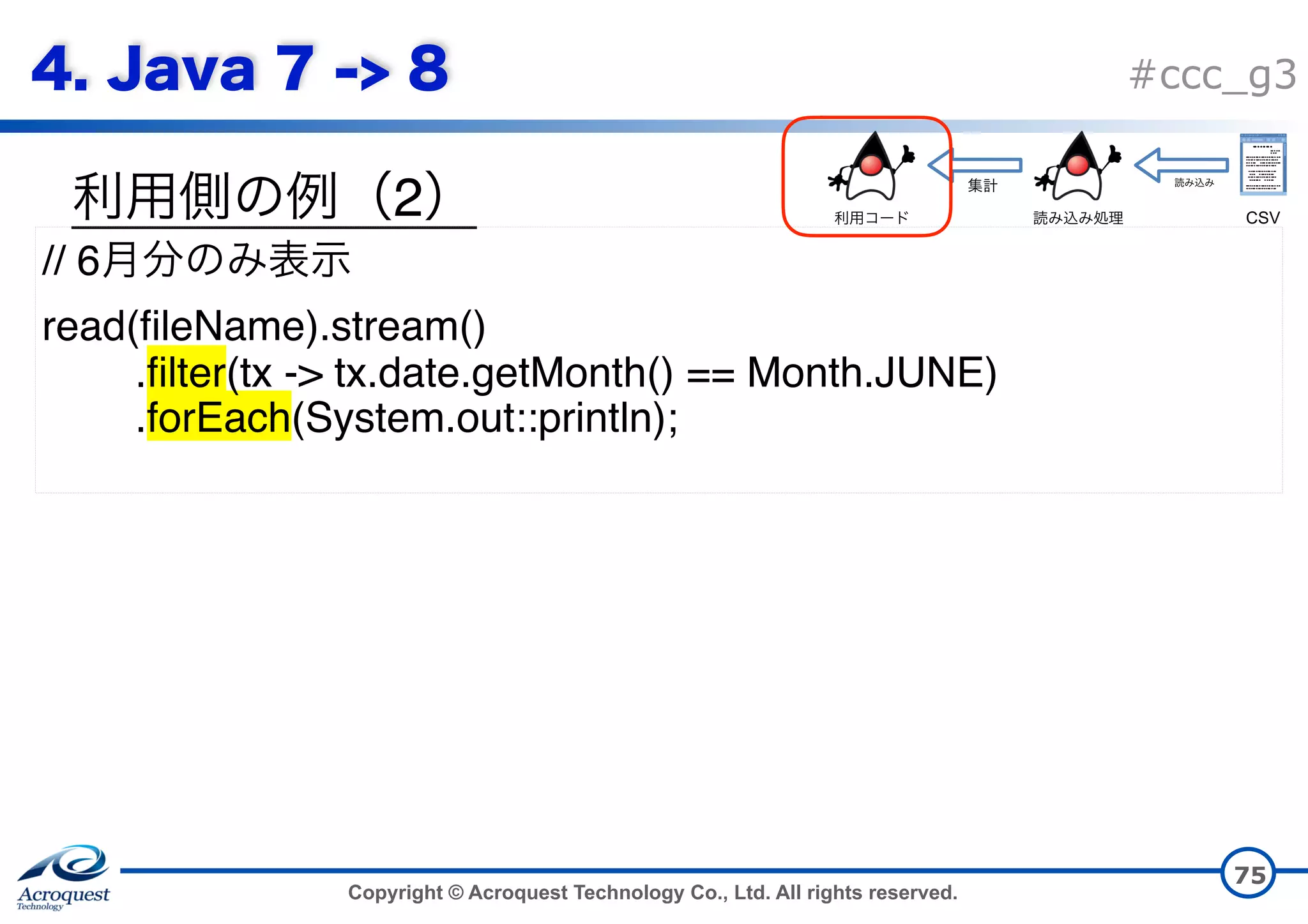 Copyright © Acroquest Technology Co., Ltd. All rights reserved. #ccc_g3 2 75 // 6 read(fileName).stream() .filter(tx -> tx.date.getMonth() == Month.JUNE) .forEach(System.out::println); CSV 