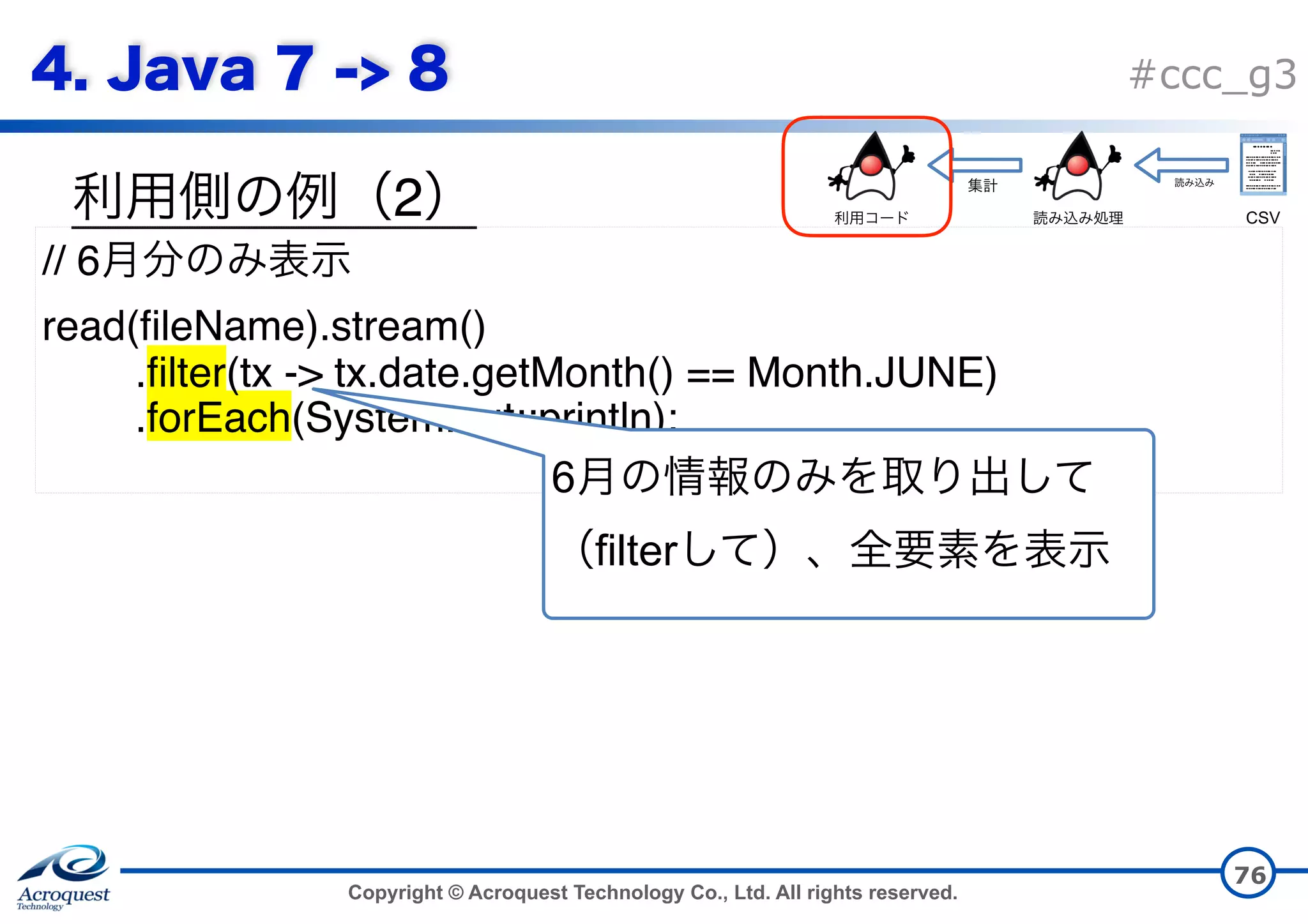 Copyright © Acroquest Technology Co., Ltd. All rights reserved. #ccc_g3 2 76 // 6 read(fileName).stream() .filter(tx -> tx.date.getMonth() == Month.JUNE) .forEach(System.out::println); 6 filter CSV 