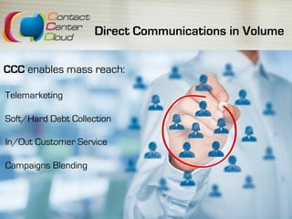 Direct Communications in Volume
CCC enables mass reach:
Telemarketing
Soft/Hard Debt Collection
In/Out Customer Service
Campaigns Blending
 
