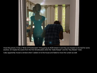 I love this picture. It has a “Bride of Frankenstein” thing going as ACR kicked in and they are headed to the bed for some woohoo. Or maybe the scene from the first Ghostbusters when the “Gate Keeper” and the “Key Master” meet. I also apparently moved a window when I added on to the house and failed to move the curtain as well. 