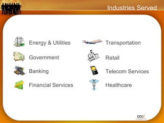 Industries Served Banking Energy & Utilities Financial Services Healthcare Government Telecom Services Transportation Retail 
