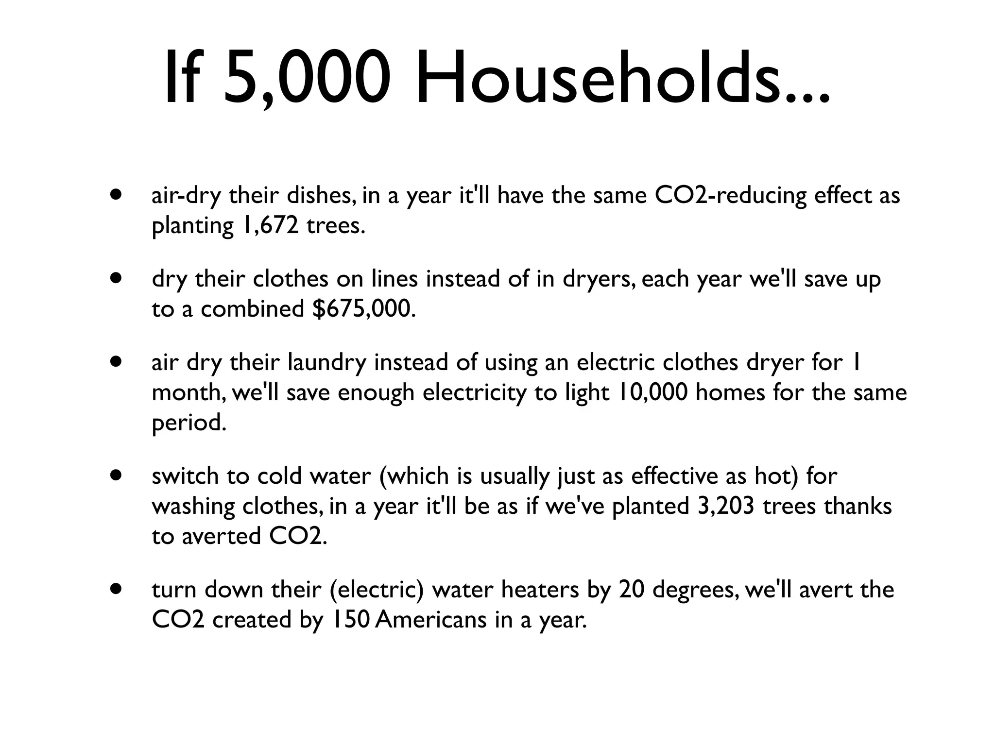 If 5,000 Households...
•   air-dry their dishes, in a year it'll have the same CO2-reducing effect as
    planting 1,672 trees.

•   dry their clothes on lines instead of in dryers, each year we'll save up
    to a combined $675,000.

•   air dry their laundry instead of using an electric clothes dryer for 1
    month, we'll save enough electricity to light 10,000 homes for the same
    period.

•   switch to cold water (which is usually just as effective as hot) for
    washing clothes, in a year it'll be as if we've planted 3,203 trees thanks
    to averted CO2.

•   turn down their (electric) water heaters by 20 degrees, we'll avert the
    CO2 created by 150 Americans in a year.
 