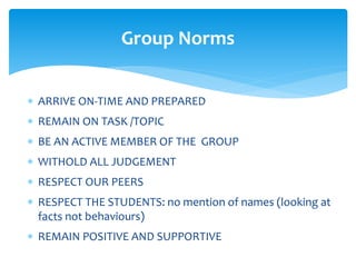  ARRIVE ON-TIME AND PREPARED
 REMAIN ON TASK /TOPIC
 BE AN ACTIVE MEMBER OF THE GROUP
 WITHOLD ALL JUDGEMENT
 RESPECT OUR PEERS
 RESPECT THE STUDENTS: no mention of names (looking at
facts not behaviours)
 REMAIN POSITIVE AND SUPPORTIVE
Group Norms
 