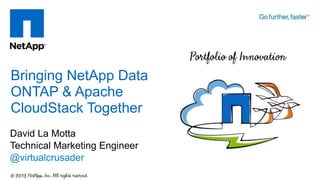 David La Motta
Technical Marketing Engineer
@virtualcrusader
Bringing NetApp Data
ONTAP & Apache
CloudStack Together
 