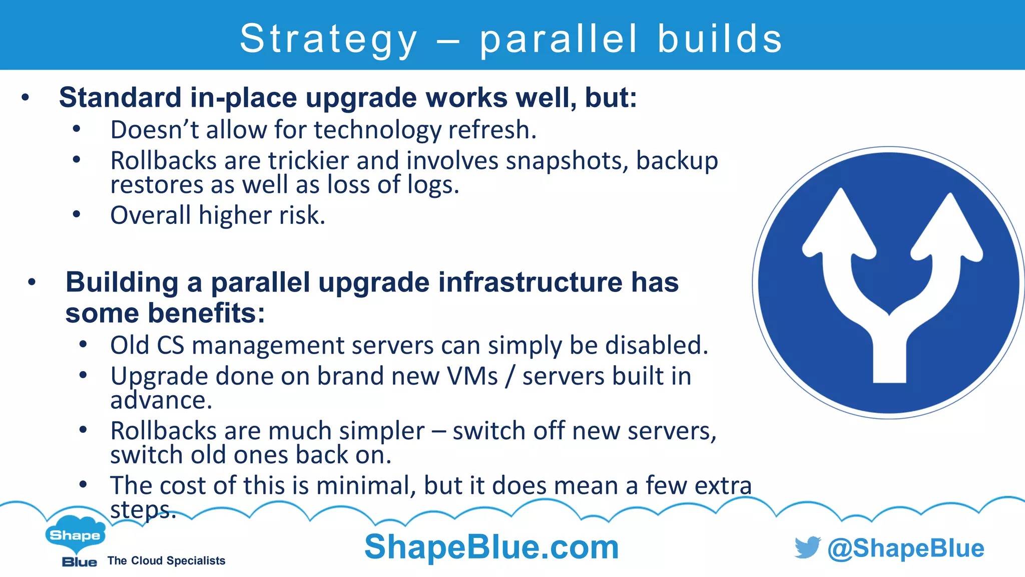 C l i c k t o e d i t
The Cloud Specialists
ShapeBlue.com @ShapeBlue
Strategy – parallel builds
• Standard in-place upgrade works well, but:
• Doesn’t allow for technology refresh.
• Rollbacks are trickier and involves snapshots, backup
restores as well as loss of logs.
• Overall higher risk.
• Building a parallel upgrade infrastructure has
some benefits:
• Old CS management servers can simply be disabled.
• Upgrade done on brand new VMs / servers built in
advance.
• Rollbacks are much simpler – switch off new servers,
switch old ones back on.
• The cost of this is minimal, but it does mean a few extra
steps.
 
