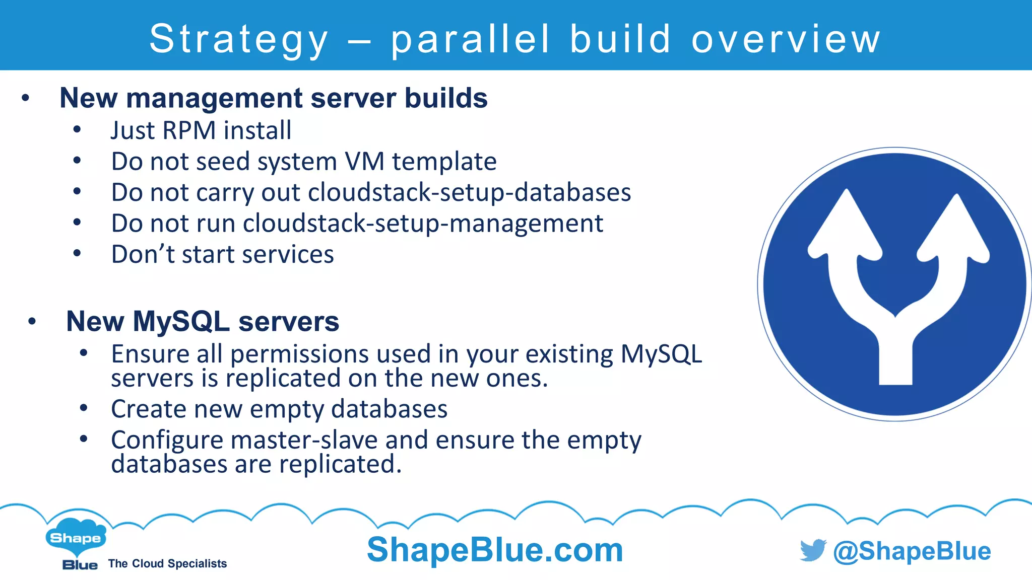 C l i c k t o e d i t
The Cloud Specialists
ShapeBlue.com @ShapeBlue
Strategy – parallel build overview
• New management server builds
• Just RPM install
• Do not seed system VM template
• Do not carry out cloudstack-setup-databases
• Do not run cloudstack-setup-management
• Don’t start services
• New MySQL servers
• Ensure all permissions used in your existing MySQL
servers is replicated on the new ones.
• Create new empty databases
• Configure master-slave and ensure the empty
databases are replicated.
 