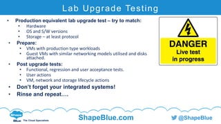 C l i c k t o e d i t
The Cloud Specialists
ShapeBlue.com @ShapeBlue
Lab Upgrade Testing
• Production equivalent lab upgrade test – try to match:
• Hardware
• OS and S/W versions
• Storage – at least protocol
• Prepare:
• VMs with production type workloads
• Guest VMs with similar networking models utilised and disks
attached.
• Post upgrade tests:
• Functional, regression and user acceptance tests.
• User actions
• VM, network and storage lifecycle actions
• Don’t forget your integrated systems!
• Rinse and repeat….
 