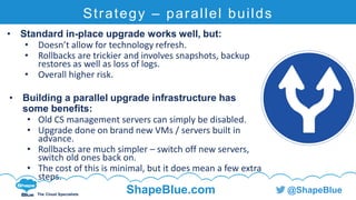 C l i c k t o e d i t
The Cloud Specialists
ShapeBlue.com @ShapeBlue
Strategy – parallel builds
• Standard in-place upgrade works well, but:
• Doesn’t allow for technology refresh.
• Rollbacks are trickier and involves snapshots, backup
restores as well as loss of logs.
• Overall higher risk.
• Building a parallel upgrade infrastructure has
some benefits:
• Old CS management servers can simply be disabled.
• Upgrade done on brand new VMs / servers built in
advance.
• Rollbacks are much simpler – switch off new servers,
switch old ones back on.
• The cost of this is minimal, but it does mean a few extra
steps.
 