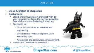 C l i c k t o e d i t
The Cloud Specialists
ShapeBlue.com @ShapeBlue
A b o u t M e
• Cloud Architect @ ShapeBlue
• Background:
• Cloud and virtualization architect with 19
years experience from the service provider,
financial and manufacturing industries.
• Specialize in:
• Cloud infrastructure architecture and
engineering.
• Virtualization - VMware vSphere, Citrix
XenServer, KVM.
• Automation and configuration management.
• Involved with CloudStack since version 2.1.
 