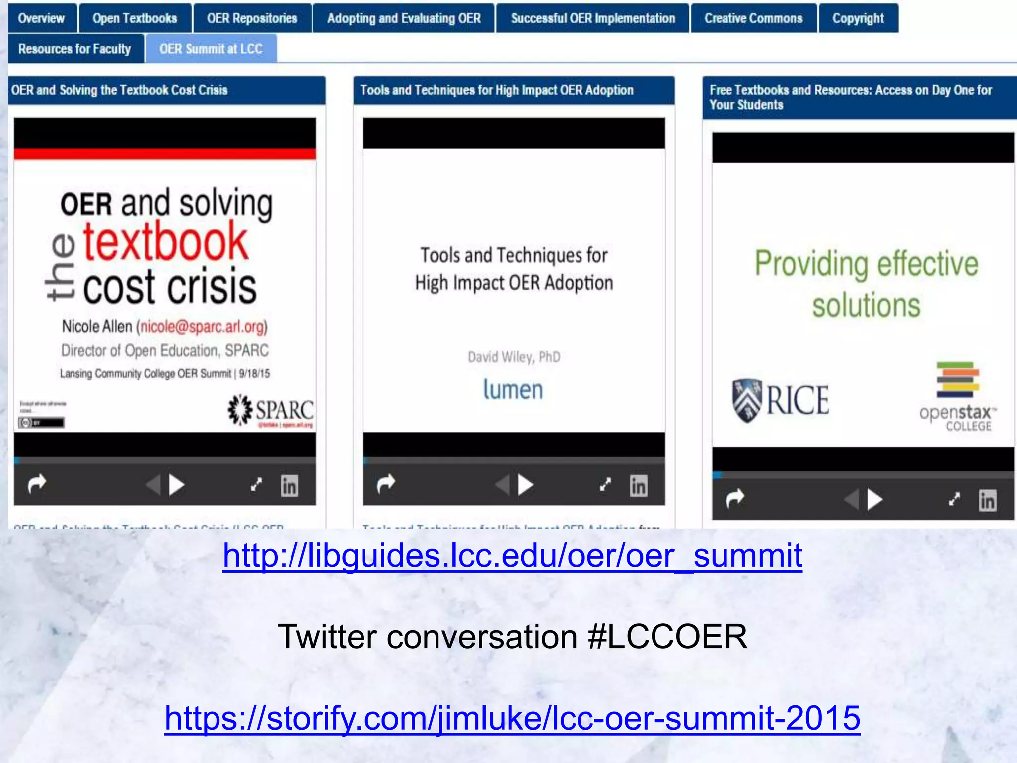 http://libguides.lcc.edu/oer/oer_summit
Twitter conversation #LCCOER
https://storify.com/jimluke/lcc-oer-summit-2015
 