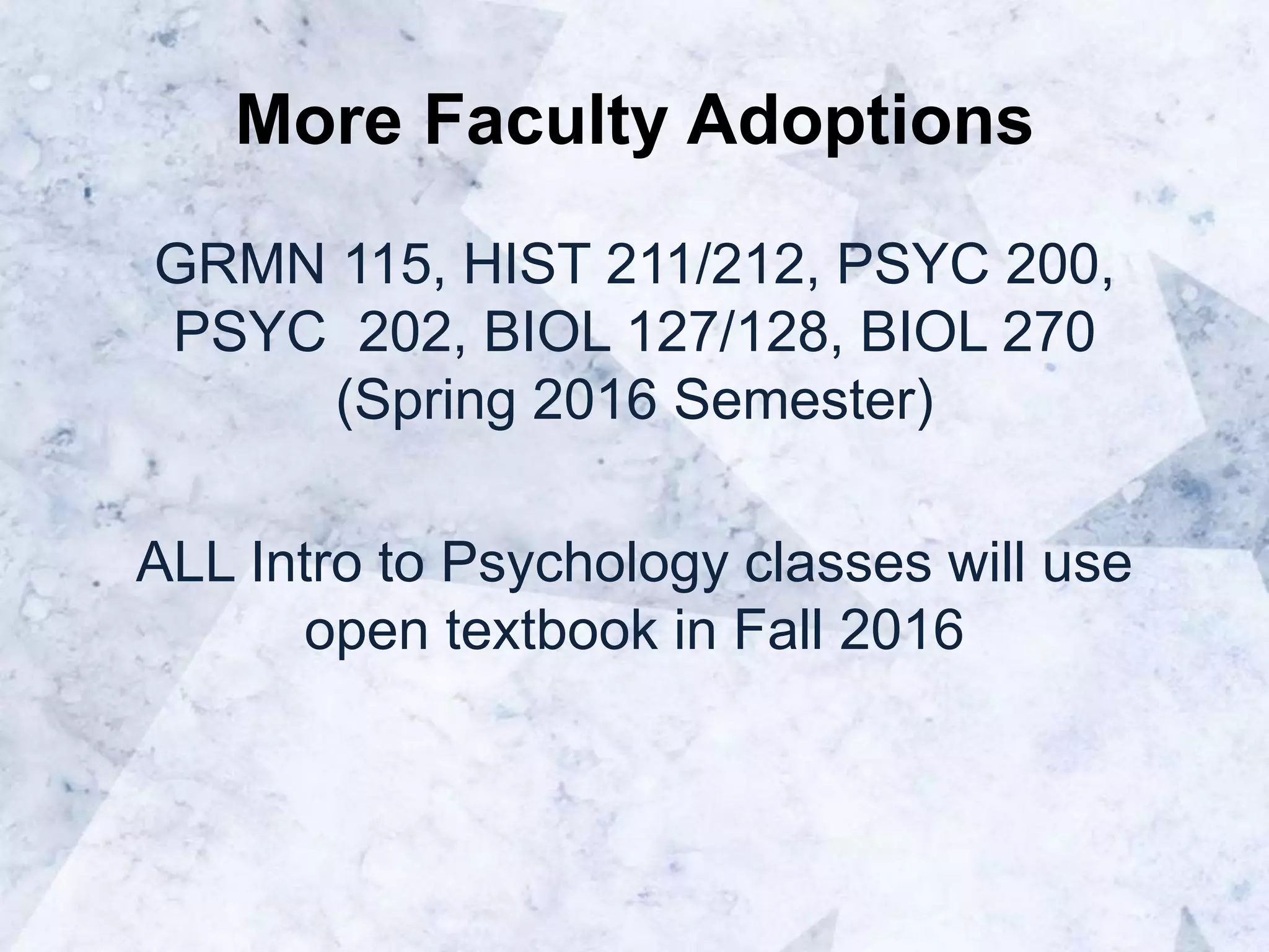 More Faculty Adoptions
GRMN 115, HIST 211/212, PSYC 200,
PSYC 202, BIOL 127/128, BIOL 270
(Spring 2016 Semester)
ALL Intro to Psychology classes will use
open textbook in Fall 2016
 