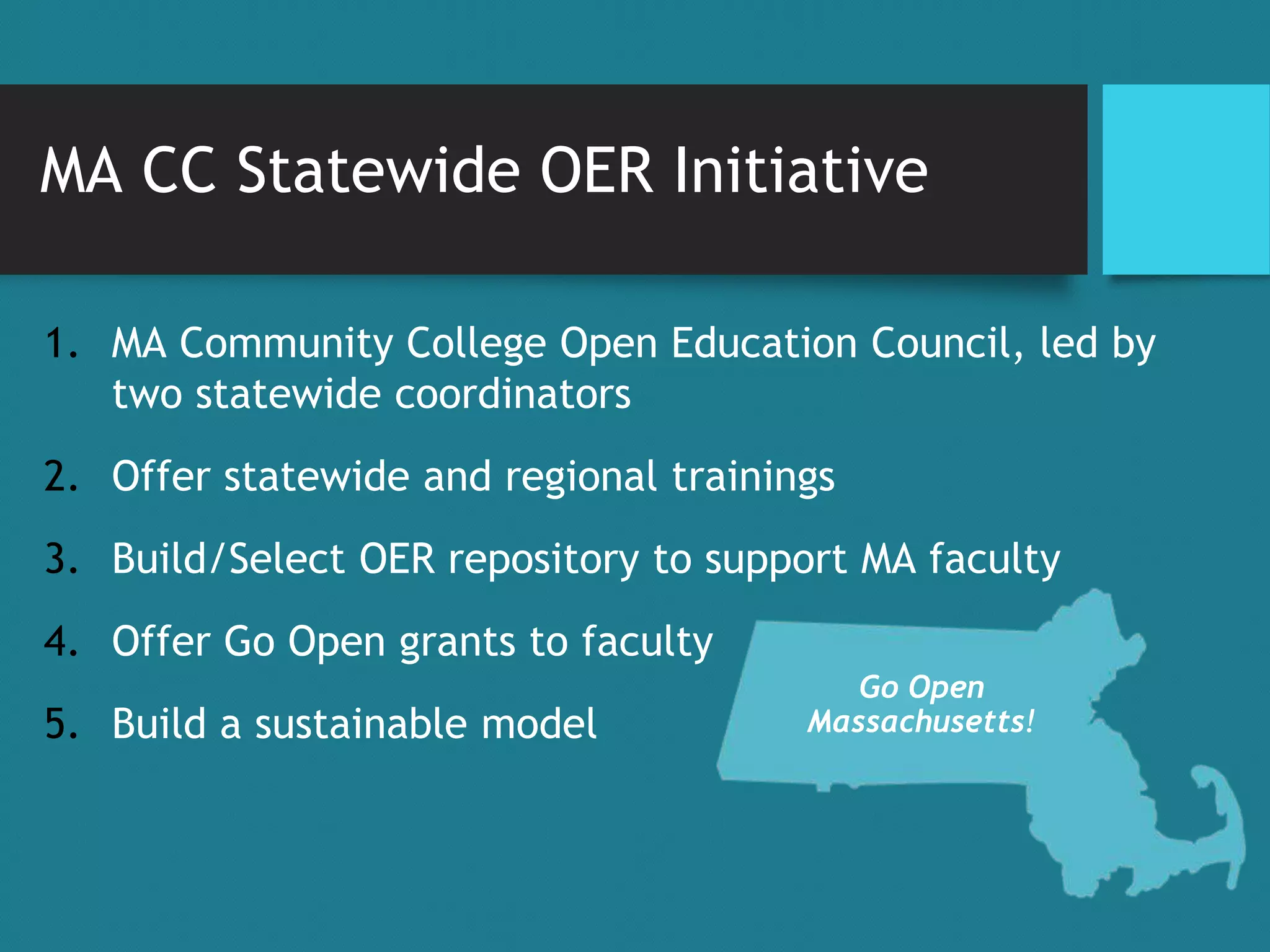 MA CC Statewide OER Initiative
1. MA Community College Open Education Council, led by
two statewide coordinators
2. Offer statewide and regional trainings
3. Build/Select OER repository to support MA faculty
4. Offer Go Open grants to faculty
5. Build a sustainable model
Go Open
Massachusetts!
 