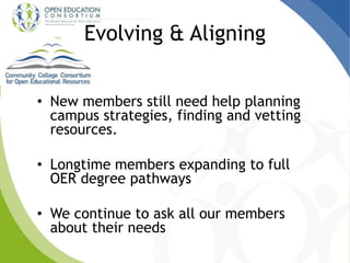 Evolving & Aligning
• New members still need help planning
campus strategies, finding and vetting
resources.
• Longtime members expanding to full
OER degree pathways
• We continue to ask all our members
about their needs
 