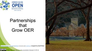 Partnerships
that
Grow OER
"Boston Common, solarized" by Bill Ilot is licensed under CC BY 2.0, cropped by Quill West.
 