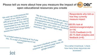 Please tell us more about how you measure the impact of the 
open educational resources you create 
Respondents who told u...