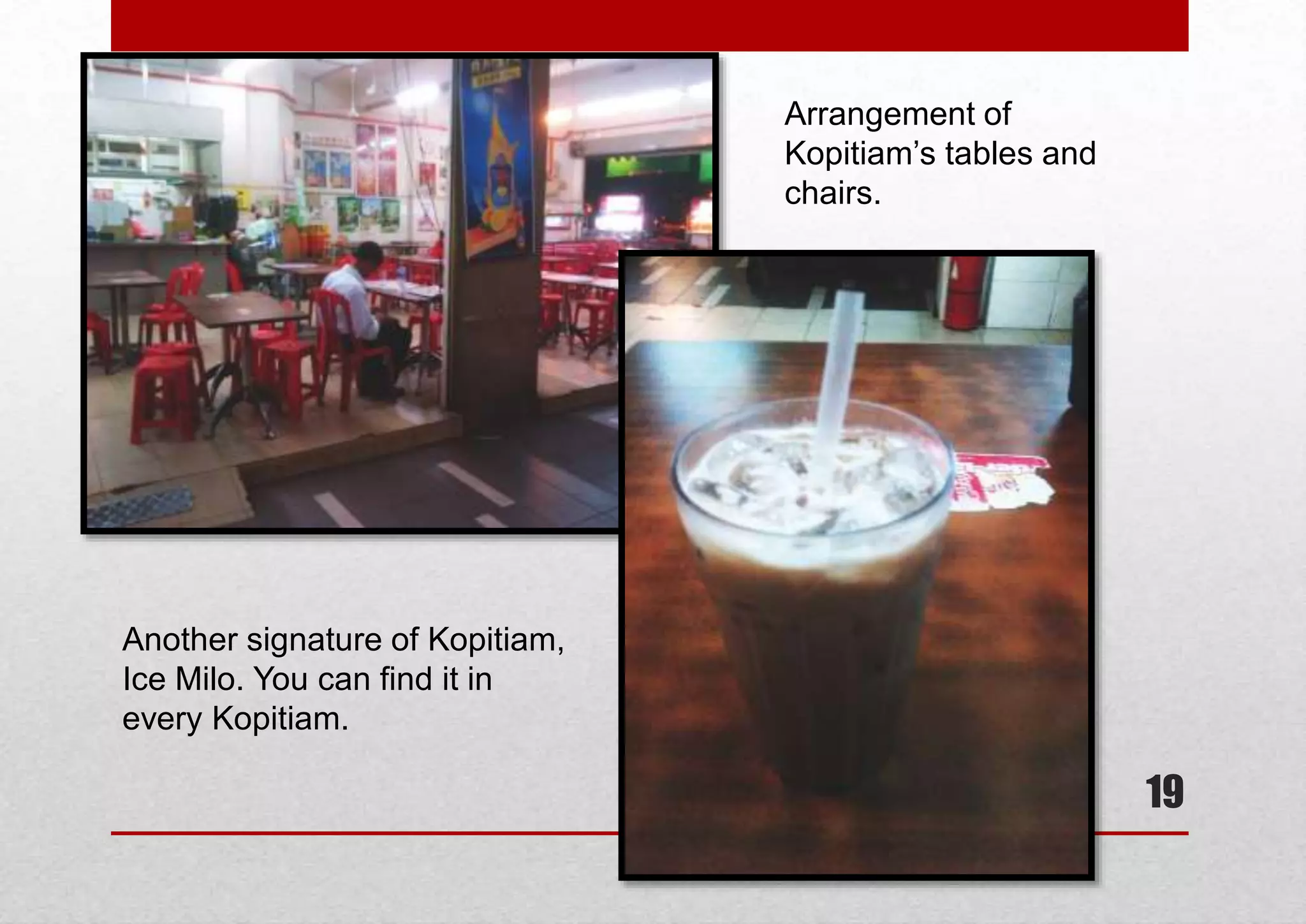 Arrangement of
Kopitiam’s tables and
chairs.

Another signature of Kopitiam,
Ice Milo. You can find it in
every Kopitiam.

19

 
