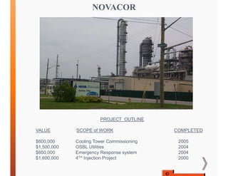 NOVACOR
PROJECT OUTLINE
VALUE SCOPE of WORK COMPLETED
$600,000 Cooling Tower Commissioning 2005
$1,500,000 OSBL Utilities 2004
$850,000 Emergency Response system 2004
$1,600,000 4TH Injection Project 2000
 
