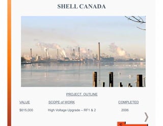 PROJECT OUTLINE
VALUE SCOPE of WORK COMPLETED
$615,000 High Voltage Upgrade – RF1 & 2 2006
SHELL CANADA
 