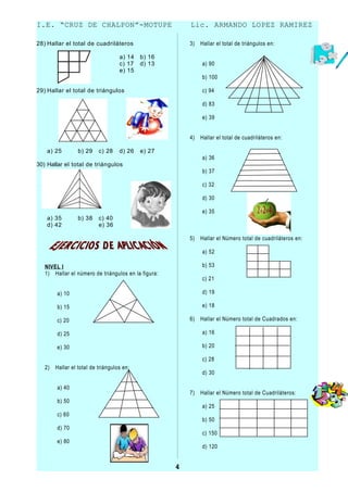 I.E. “CRUZ DE CHALPON”-MOTUPE                            Lic. ARMANDO LOPEZ RAMIREZ

28) Hallar el total de cuadriláteros                     3)   Hallar el total de triángulos en:

                                    a) 14   b) 16
                                    c) 17   d) 13             a) 90
                                    e) 15
                                                              b) 100

29) Hallar el total de triángulos                             c) 94

                                                              d) 83

                                                              e) 39


                                                         4)   Hallar el total de cuadriláteros en:

    a) 25         b) 29    c) 28    d) 26   e) 27
                                                              a) 36
30) Hallar el total de triángulos
                                                              b) 37

                                                              c) 32

                                                              d) 30

                                                              e) 35
    a) 35         b) 38    c) 40
    d) 42                  e) 36

                                                         5)   Hallar el Número total de cuadriláteros en:

                                                              a) 52

   NIVEL I                                                    b) 53
   1) Hallar el número de triángulos en la figura:
                                                              c) 21

        a) 10                                                 d) 19

        b) 15                                                 e) 18

        c) 20                                            6)   Hallar el Número total de Cuadrados en:

        d) 25                                                 a) 16

        e) 30                                                 b) 20

                                                              c) 28
   2)   Hallar el total de triángulos en:
                                                              d) 30

        a) 40
                                                         7)   Hallar el Número total de Cuadriláteros:
        b) 50
                                                              a) 25
        c) 60
                                                              b) 50
        d) 70
                                                              c) 150
        e) 80
                                                              d) 120


                                                     4
 