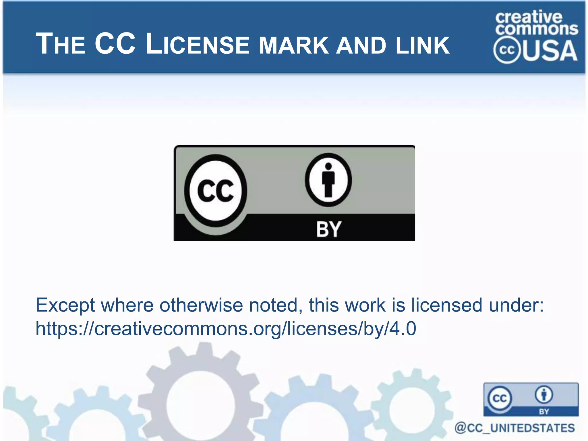 Except where otherwise noted, this work is licensed under:
https://creativecommons.org/licenses/by/4.0
THE CC LICENSE MARK AND LINK
 