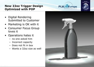 New 22oz Trigger Design Optimized with POP Digital Rendering Submitted to Customer Marketing is OK with it Consumer Focus Group loves it Operations hates it no one asked him Incorrect capacity  Does not fit in box Wants a 32oz size as well 
