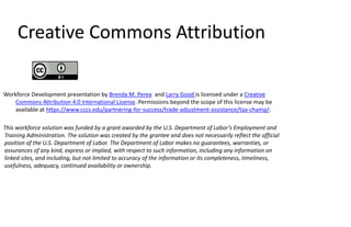 Creative Commons Attribution
Workforce Development presentation by Brenda M. Perea and Larry Good is licensed under a Creative
Commons Attribution 4.0 International License. Permissions beyond the scope of this license may be
available at https://www.cccs.edu/partnering-for-success/trade-adjustment-assistance/taa-champ/.
This workforce solution was funded by a grant awarded by the U.S. Department of Labor’s Employment and
Training Administration. The solution was created by the grantee and does not necessarily reflect the official
position of the U.S. Department of Labor. The Department of Labor makes no guarantees, warranties, or
assurances of any kind, express or implied, with respect to such information, including any information on
linked sites, and including, but not limited to accuracy of the information or its completeness, timeliness,
usefulness, adequacy, continued availability or ownership.
 