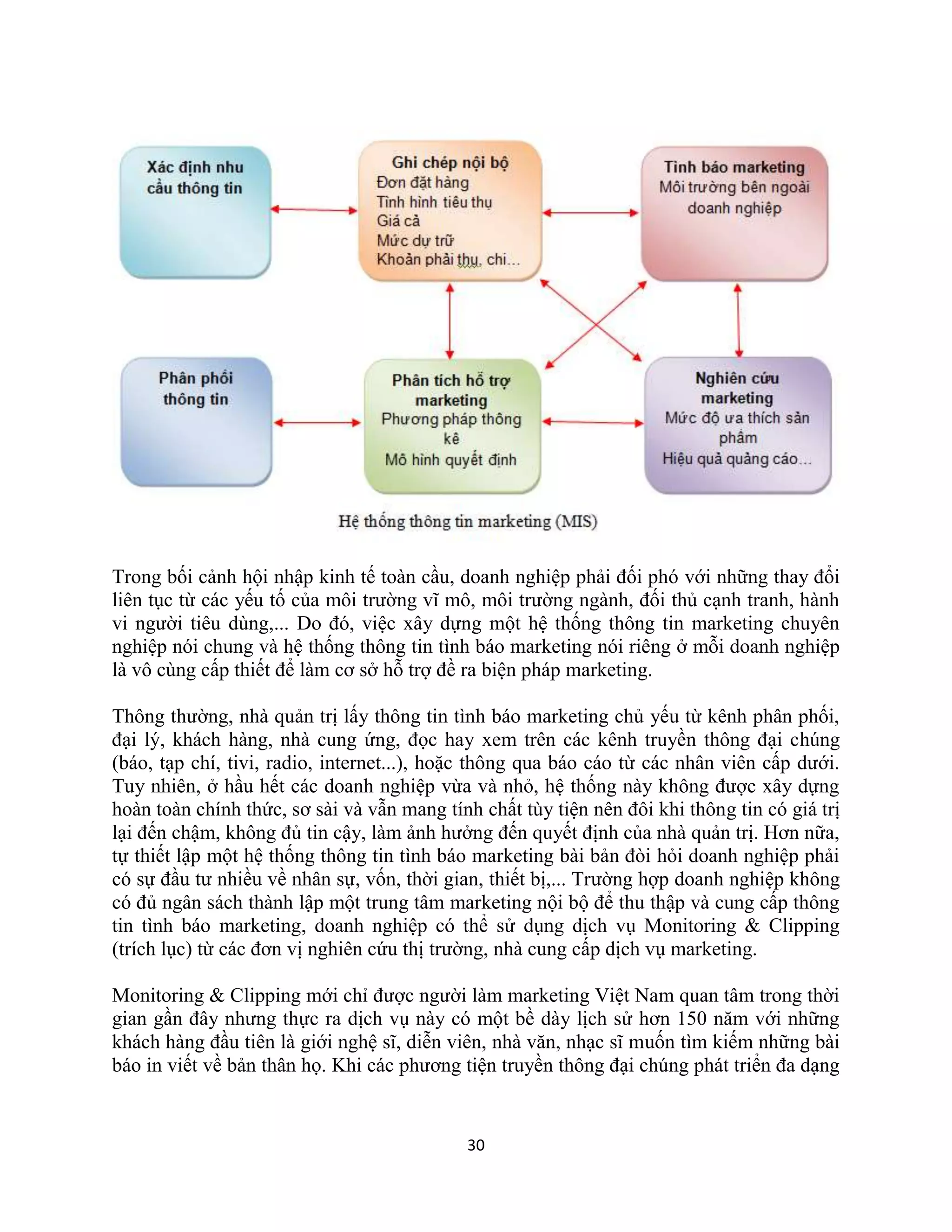 30
Trong bối cảnh hội nhập kinh tế toàn cầu, doanh nghiệp phải đối phó với những thay đổi
liên tục từ các yếu tố của môi trường vĩ mô, môi trường ngành, đối thủ cạnh tranh, hành
vi người tiêu dùng,... Do đó, việc xây dựng một hệ thống thông tin marketing chuyên
nghiệp nói chung và hệ thống thông tin tình báo marketing nói riêng ở mỗi doanh nghiệp
là vô cùng cấp thiết để làm cơ sở hỗ trợ đề ra biện pháp marketing.
Thông thường, nhà quản trị lấy thông tin tình báo marketing chủ yếu từ kênh phân phối,
đại lý, khách hàng, nhà cung ứng, đọc hay xem trên các kênh truyền thông đại chúng
(báo, tạp chí, tivi, radio, internet...), hoặc thông qua báo cáo từ các nhân viên cấp dưới.
Tuy nhiên, ở hầu hết các doanh nghiệp vừa và nhỏ, hệ thống này không được xây dựng
hoàn toàn chính thức, sơ sài và vẫn mang tính chất tùy tiện nên đôi khi thông tin có giá trị
lại đến chậm, không đủ tin cậy, làm ảnh hưởng đến quyết định của nhà quản trị. Hơn nữa,
tự thiết lập một hệ thống thông tin tình báo marketing bài bản đòi hỏi doanh nghiệp phải
có sự đầu tư nhiều về nhân sự, vốn, thời gian, thiết bị,... Trường hợp doanh nghiệp không
có đủ ngân sách thành lập một trung tâm marketing nội bộ để thu thập và cung cấp thông
tin tình báo marketing, doanh nghiệp có thể sử dụng dịch vụ Monitoring & Clipping
(trích lục) từ các đơn vị nghiên cứu thị trường, nhà cung cấp dịch vụ marketing.
Monitoring & Clipping mới chỉ được người làm marketing Việt Nam quan tâm trong thời
gian gần đây nhưng thực ra dịch vụ này có một bề dày lịch sử hơn 150 năm với những
khách hàng đầu tiên là giới nghệ sĩ, diễn viên, nhà văn, nhạc sĩ muốn tìm kiếm những bài
báo in viết về bản thân họ. Khi các phương tiện truyền thông đại chúng phát triển đa dạng
 