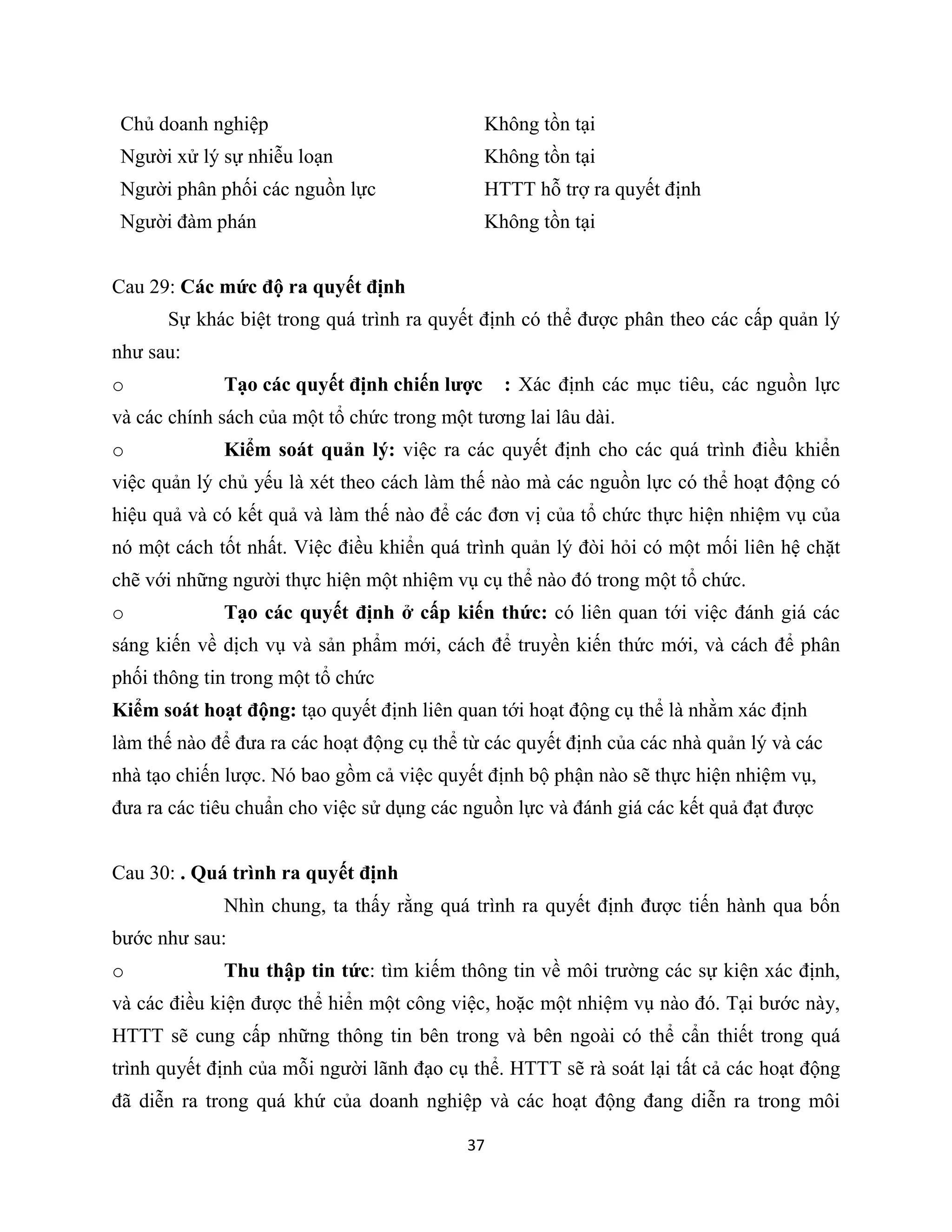 37
Chủ doanh nghiệp Không tồn tại
Người xử lý sự nhiễu loạn Không tồn tại
Người phân phối các nguồn lực HTTT hỗ trợ ra quyết định
Người đàm phán Không tồn tại
Cau 29: Các mức độ ra quyết định
Sự khác biệt trong quá trình ra quyết định có thể được phân theo các cấp quản lý
như sau:
o Tạo các quyết định chiến lược : Xác định các mục tiêu, các nguồn lực
và các chính sách của một tổ chức trong một tương lai lâu dài.
o Kiểm soát quản lý: việc ra các quyết định cho các quá trình điều khiển
việc quản lý chủ yếu là xét theo cách làm thế nào mà các nguồn lực có thể hoạt động có
hiệu quả và có kết quả và làm thế nào để các đơn vị của tổ chức thực hiện nhiệm vụ của
nó một cách tốt nhất. Việc điều khiển quá trình quản lý đòi hỏi có một mối liên hệ chặt
chẽ với những người thực hiện một nhiệm vụ cụ thể nào đó trong một tổ chức.
o Tạo các quyết định ở cấp kiến thức: có liên quan tới việc đánh giá các
sáng kiến về dịch vụ và sản phẩm mới, cách để truyền kiến thức mới, và cách để phân
phối thông tin trong một tổ chức
Kiểm soát hoạt động: tạo quyết định liên quan tới hoạt động cụ thể là nhằm xác định
làm thế nào để đưa ra các hoạt động cụ thể từ các quyết định của các nhà quản lý và các
nhà tạo chiến lược. Nó bao gồm cả việc quyết định bộ phận nào sẽ thực hiện nhiệm vụ,
đưa ra các tiêu chuẩn cho việc sử dụng các nguồn lực và đánh giá các kết quả đạt được
Cau 30: . Quá trình ra quyết định
Nhìn chung, ta thấy rằng quá trình ra quyết định được tiến hành qua bốn
bước như sau:
o Thu thập tin tức: tìm kiếm thông tin về môi trường các sự kiện xác định,
và các điều kiện được thể hiển một công việc, hoặc một nhiệm vụ nào đó. Tại bước này,
HTTT sẽ cung cấp những thông tin bên trong và bên ngoài có thể cẩn thiết trong quá
trình quyết định của mỗi người lãnh đạo cụ thể. HTTT sẽ rà soát lại tất cả các hoạt động
đã diễn ra trong quá khứ của doanh nghiệp và các hoạt động đang diễn ra trong môi
 